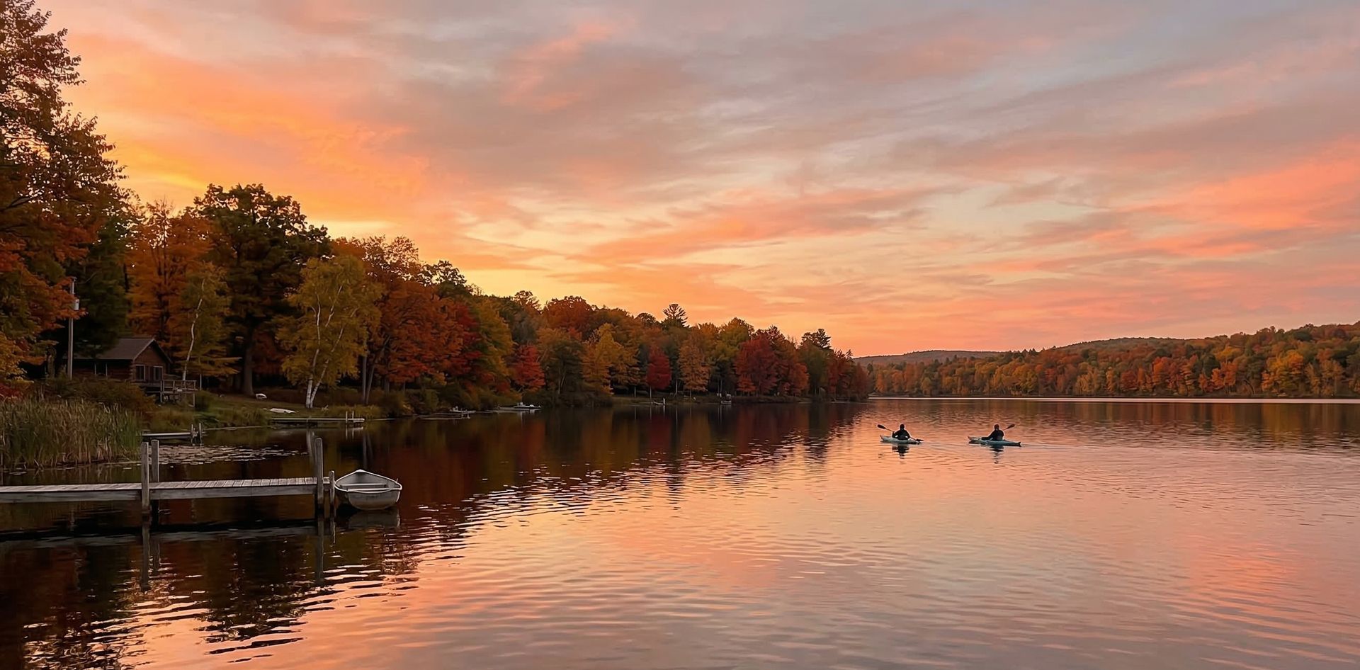 Kayakers on a peaceful lake surrounded by autumn foliage at sunset