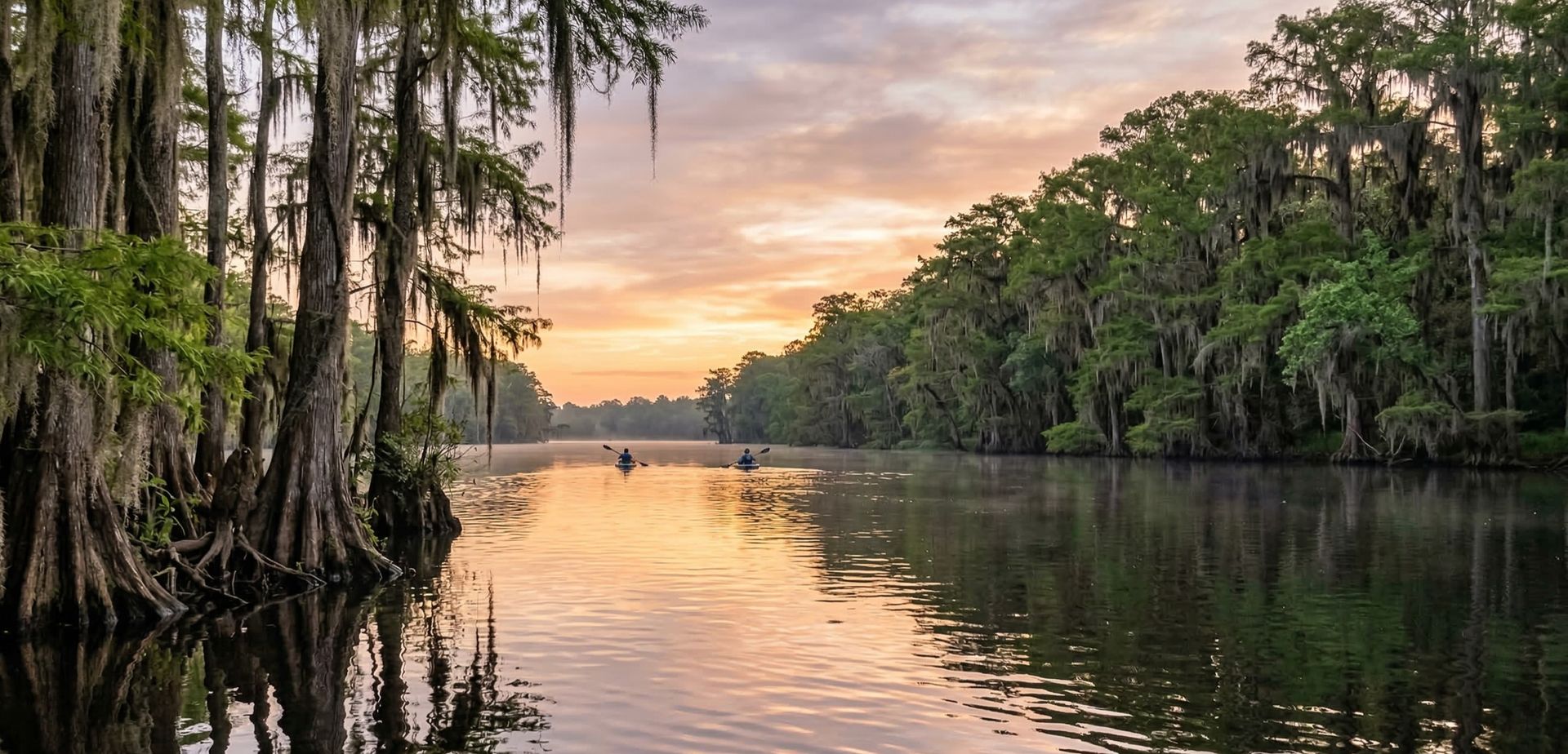 Kayakers paddling through a cypress-lined Southern waterway with Spanish moss